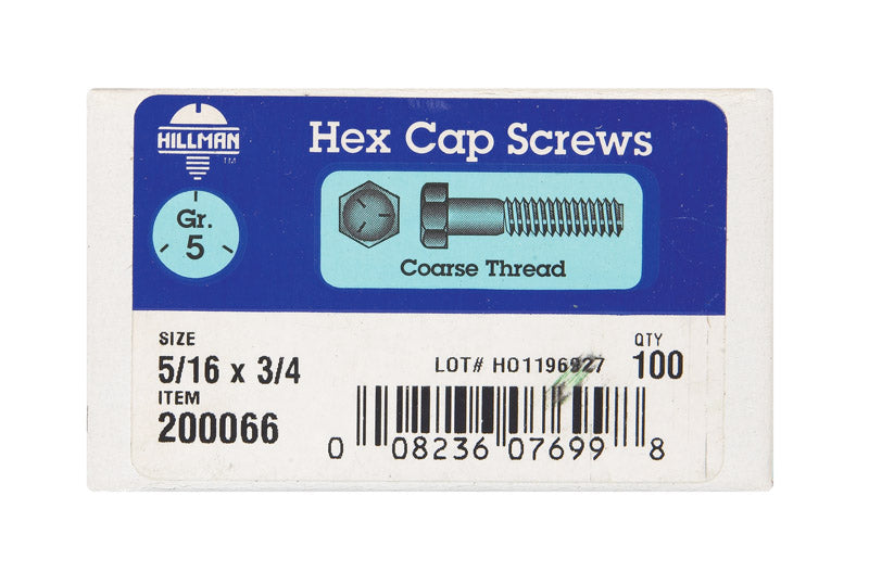 HILLMAN 5/16 in. D X 3/4 in. L Heat Treated Zinc Steel Hex Head Cap Screw 100 pk