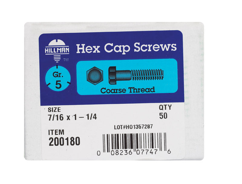 HILLMAN 7/16 in. D X 1-1/4 in. L Heat Treated Zinc Steel Hex Head Cap Screw 50 pk