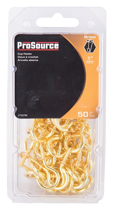 ProSource LR-392-PS Cup Hook, 15/32 in Opening, 3.5 mm Thread, 1 in L, Brass, Brass