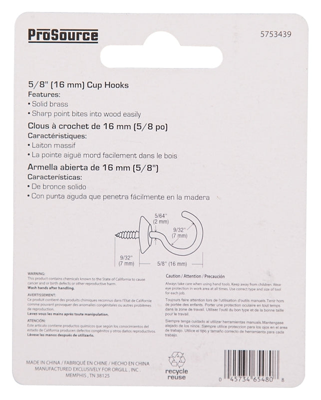 ProSource LR-389-PS Cup Hook, 9/32 in Opening, 2.5 mm Thread, 5/8 in L, Brass, Brass