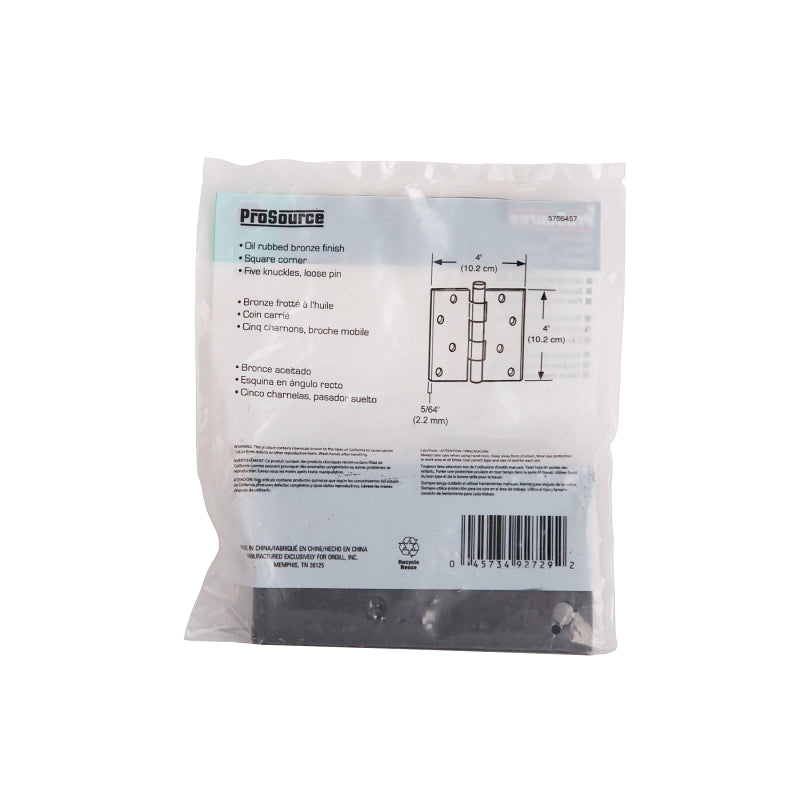 ProSource 20339ORX Square Corner Door Hinge, 4 in H Door Leaf, 1-3/4 in W Door Leaf, 2.2 mm Thick Door Leaf, 4 x 4 in