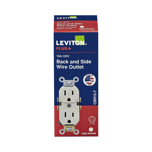 Leviton CBR15-T Duplex Outlet, 2 -Pole, 15 A, 125 VAC, Back, Side Wiring, NEMA: 5-15R, Light Almond