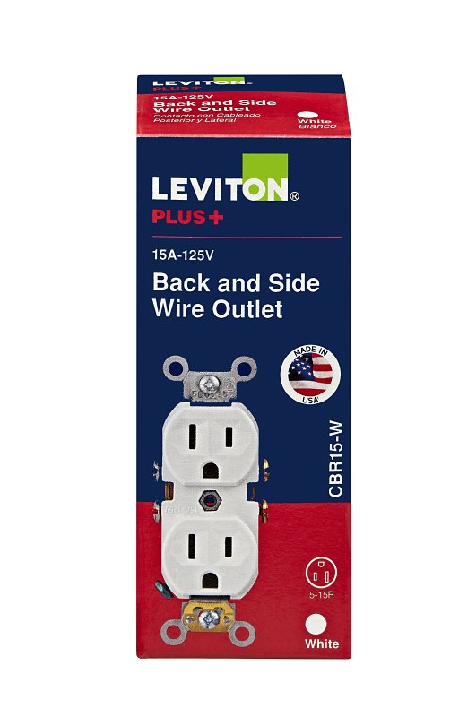 Leviton CBR15-W Duplex Outlet, 2 -Pole, 15 A, 125 VAC, Back, Side Wiring, NEMA: 5-15R, White