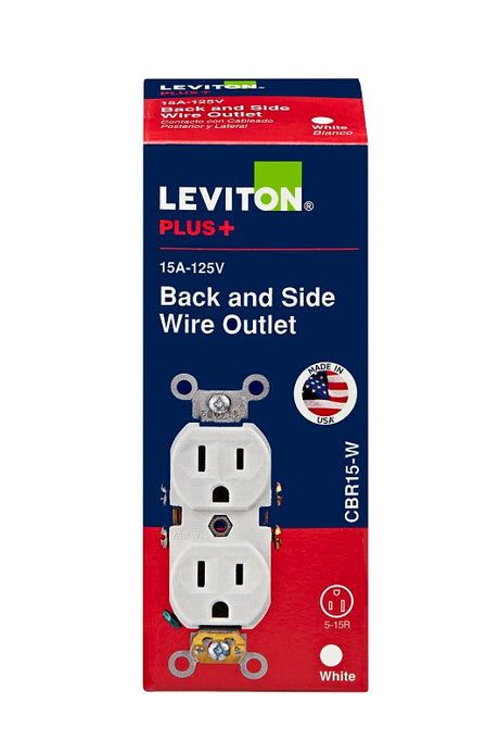 Leviton CBR15-W Duplex Outlet, 2 -Pole, 15 A, 125 VAC, Back, Side Wiring, NEMA: 5-15R, White