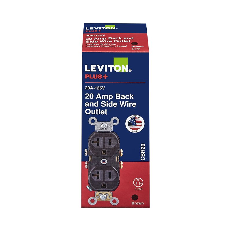 Leviton CBR20 Commercial-Grade Duplex Outlet, 2 -Pole, 20 A, 125 VAC, NEMA: NEMA 5-20R, Brown