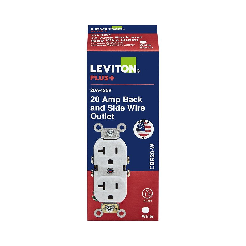 Leviton CBR20-W Duplex Outlet, 2 -Pole, 20 A, 125 VAC, NEMA: 5-20R, White