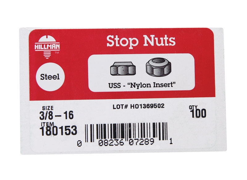 Hillman 3/8 in. Zinc-Plated Steel USS Nylon Lock Nut 100 pk