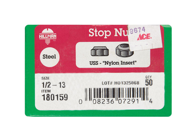 Hillman 1/2 in. Zinc-Plated Steel USS Nylon Lock Nut 50 pk