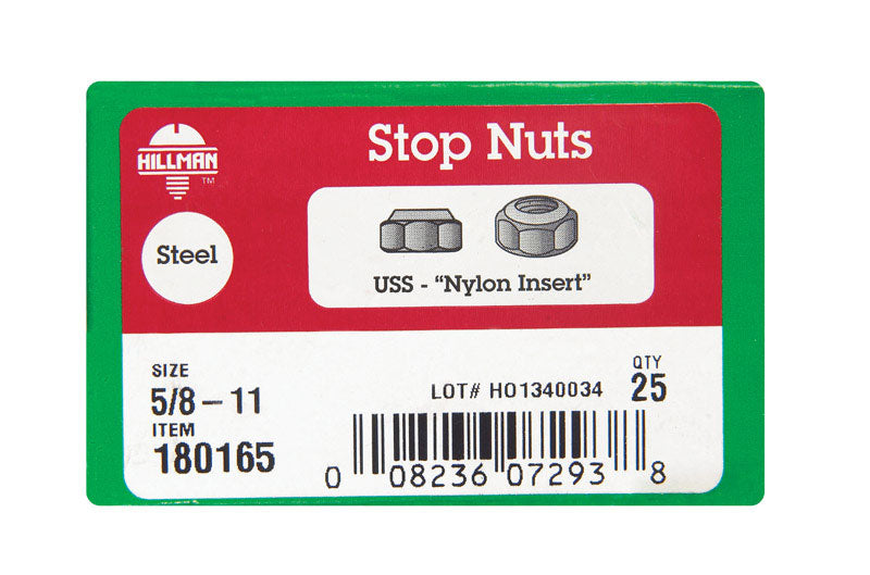 Hillman 5/8 in. Zinc-Plated Steel USS Nylon Lock Nut 25 pk