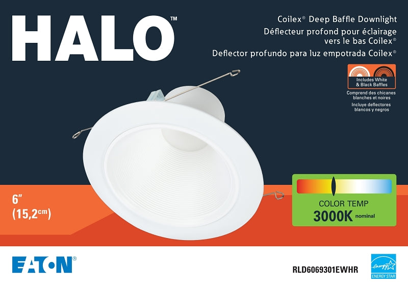 Eaton Lighting RLD6069301EWHR Baffle Trim, 6 in Dia Recessed Can, White