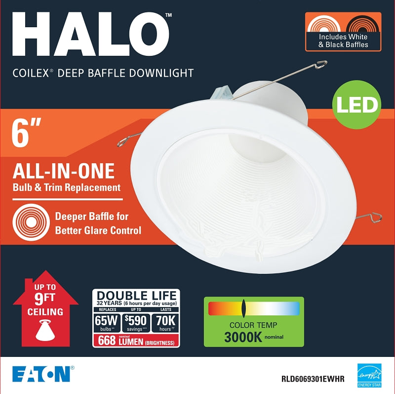 Eaton Lighting RLD6069301EWHR Baffle Trim, 6 in Dia Recessed Can, White