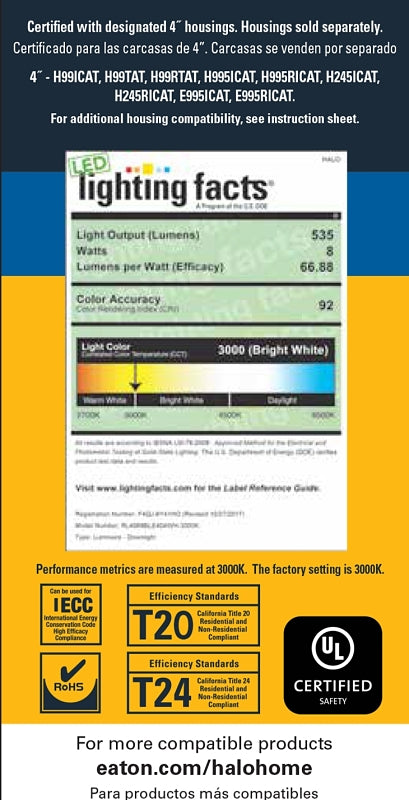 Halo RL4 Series RL4069BLE40AWHR Downlight, 8 W, 120 to 277 V, LED Lamp, Aluminum, Matte White Baffle, Pack of 4