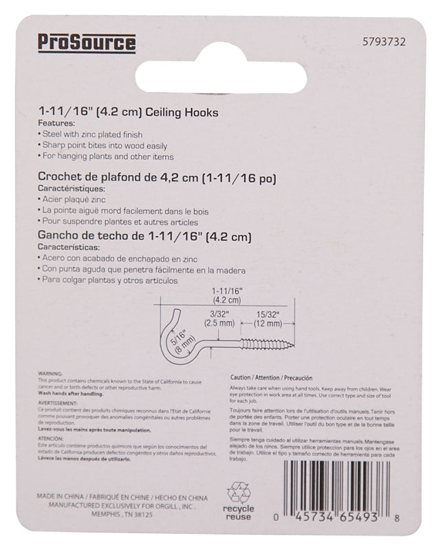 ProSource LR-307-PS Ceiling Hook, 10 lb Working Load, Steel, Silver, Zinc