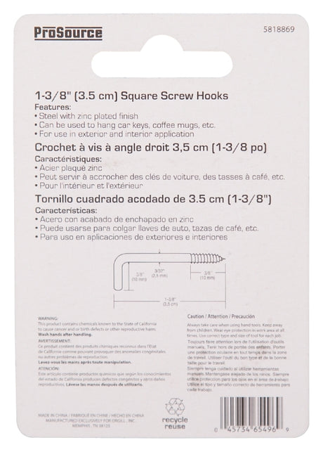 ProSource LR-399-PS Screw Hook, 3/8 in Opening, 3 mm Thread, 1-3/8 in L, Steel, Zinc