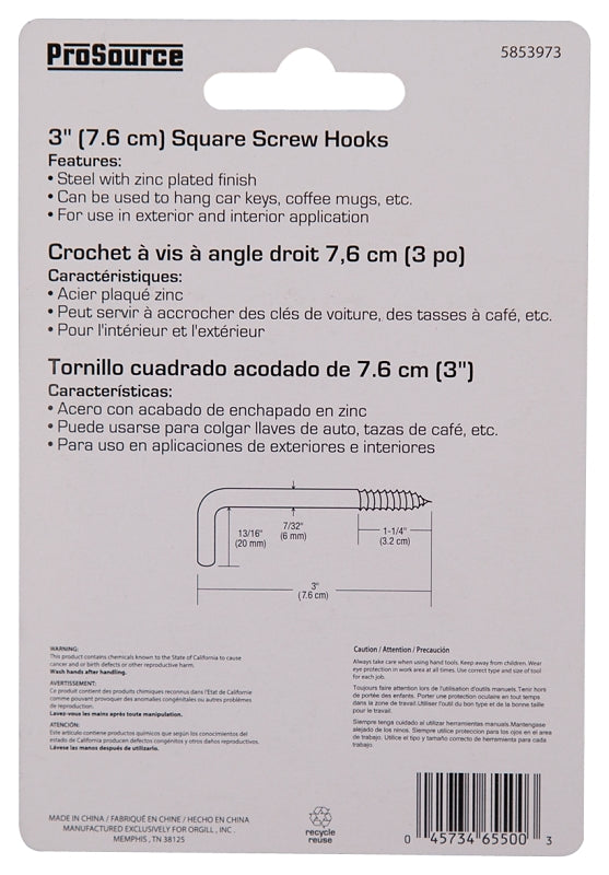 ProSource LR-395-PS Screw Hook, 13/16 in Opening, 6.5 mm Thread, 3 in L, Steel, Zinc
