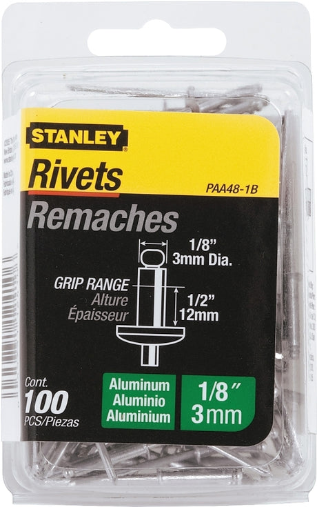 STANLEY PAA48-1B Pop Rivet, Reusable, 1/2 in Grip, 1/8, 1-3/4 in L, Aluminum, 100/PK