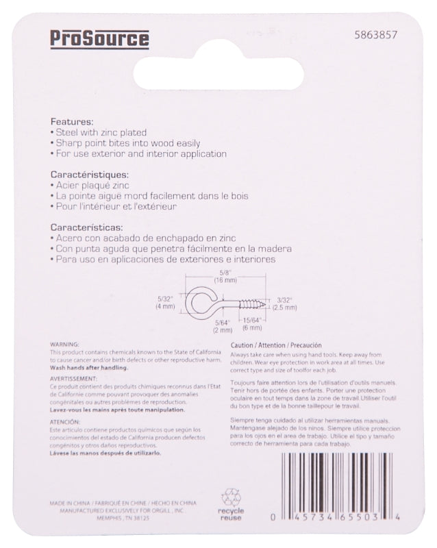ProSource LR-227-PS Screw Eye, 2 mm Dia Wire, 2.5 mm Thread, 15/64 in L Thread, 5/8 in OAL, 25 lb Working Load, Steel