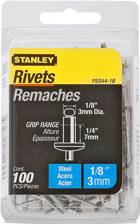 STANLEY PSS44-1B Pop Rivet, High-Strength, Reusable, 1/4 in Grip, 1/8, Galvanized Steel, 100/PK