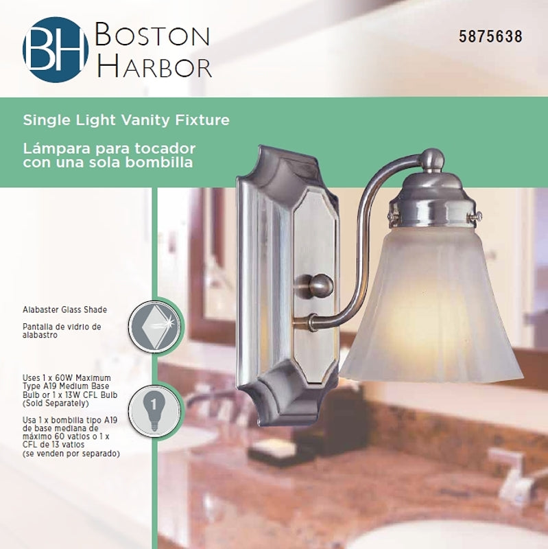 Boston Harbor RF-V-041-BN-3L Vanity Light Fixture, 60 W, 1-Lamp, A19 or CFL Lamp, Steel Fixture, Brushed Nickel Fixture