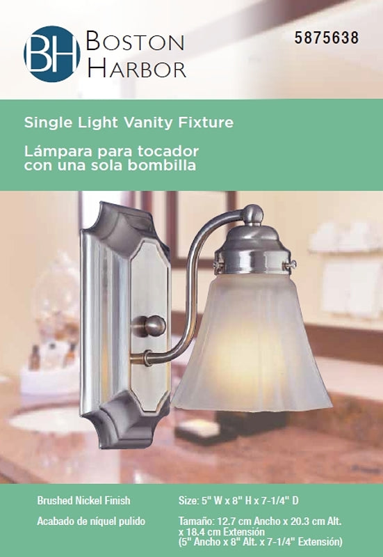 Boston Harbor RF-V-041-BN-3L Vanity Light Fixture, 60 W, 1-Lamp, A19 or CFL Lamp, Steel Fixture, Brushed Nickel Fixture