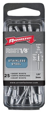 Arrow RSST1/8 Pop Rivet, Short, 1/8 in Grip, 1/8 in L, Stainless Steel, 25/PK