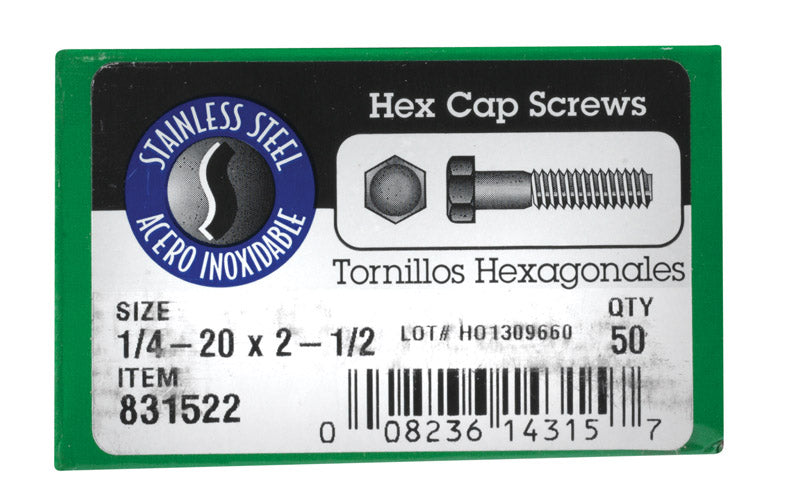 HILLMAN 1/4-20 in. D X 2-1/2 in. L Stainless Steel Hex Head Cap Screw 50 pk