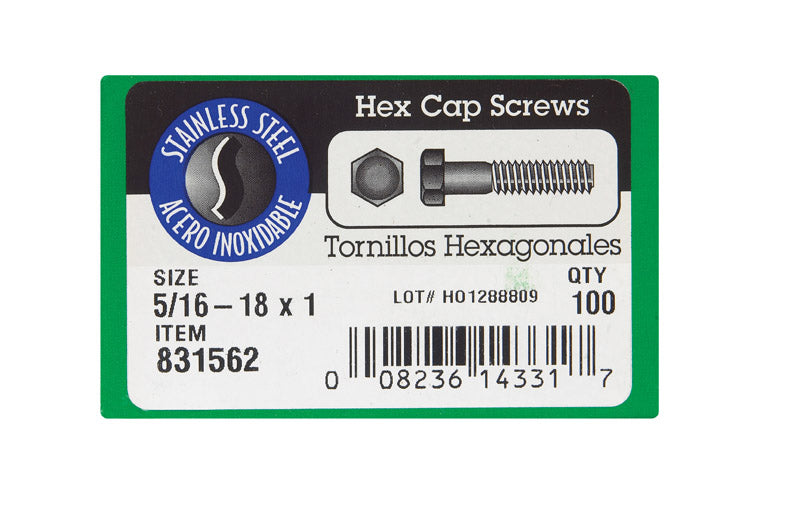 HILLMAN 5/16-18 in. D X 1 in. L Stainless Steel Hex Head Cap Screw 100 pk