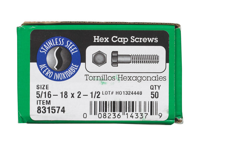 HILLMAN 5/16-18 in. D X 2-1/2 in. L Stainless Steel Hex Head Cap Screw 50 pk
