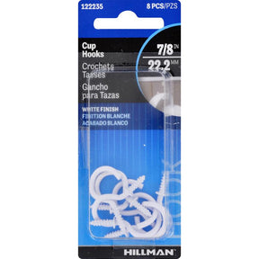 HILLMAN Small White Metal 7/8 in. L Cup Hook 1 lb 8 pk, Pack of 10