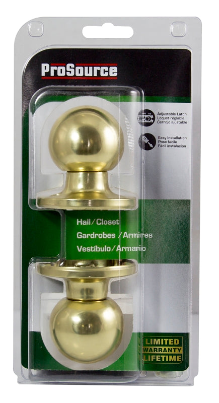ProSource T3730V-PS Passage Knob, Metal, Polished Brass, 2-3/8 to 2-3/4 in Backset, 1-3/8 to 1-3/4 in Thick Door