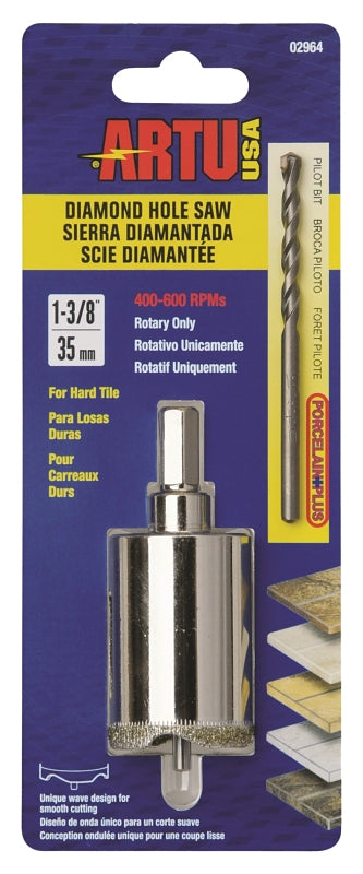 ARTU 02964 Hole Saw, 1-3/8 in Dia, Diamond Cutting Edge, 3/16 in Dia Pilot Drill