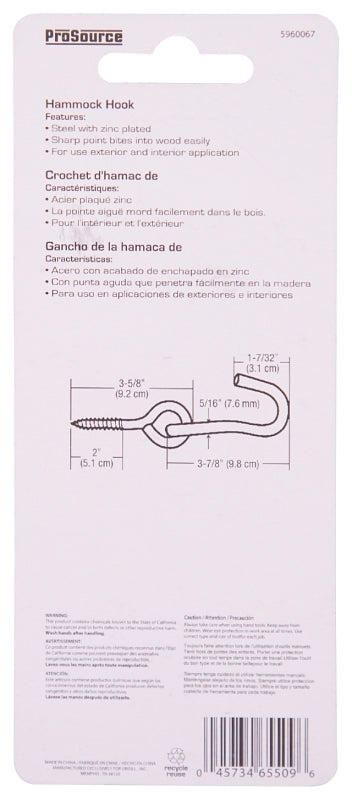 ProSource LR-404-PS Hammock Hook, 1-1/4 in Opening, Steel, Silver, Zinc