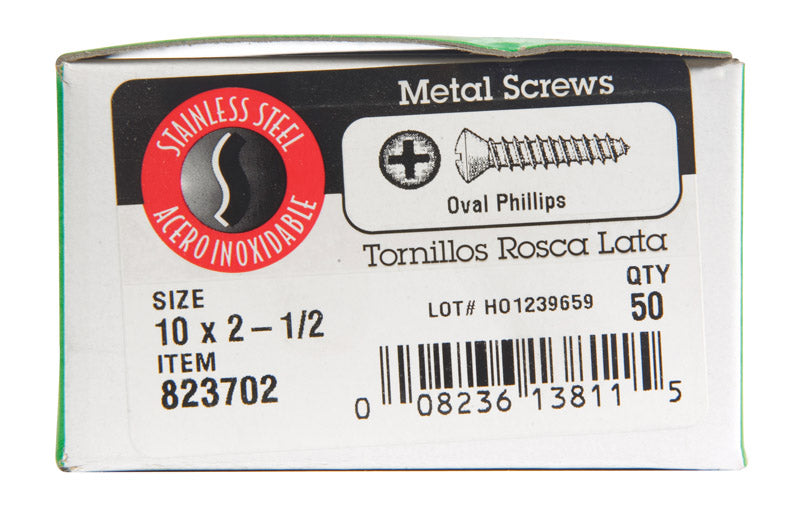 HILLMAN No. 10 X 2-1/2 in. L Phillips Oval Head Sheet Metal Screws 50 pk