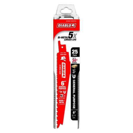 Diablo DS0614BGP25 Reciprocating Saw Blade, 1 in W, 6 in L, 8, 14 TPI