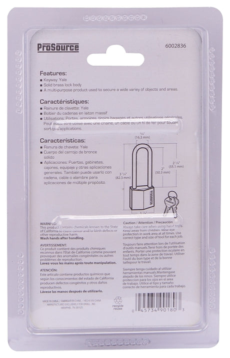 ProSource HD10032 Padlock, Long Shackle, 3/16 in Dia Shackle, 2-1/4 in H Shackle, Steel Shackle, Brass Body, Solid Brass