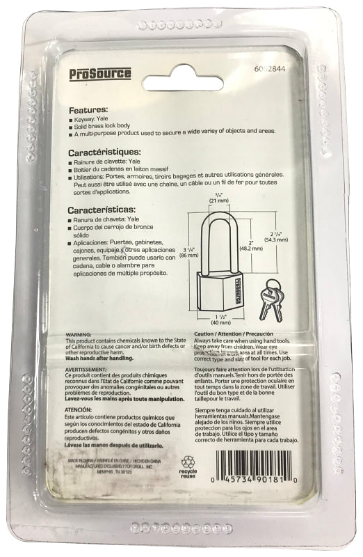 ProSource HD10042 Padlock, Long Shackle, 1/4 in Dia Shackle, 2-1/4 in H Shackle, Steel Shackle, Brass Body, Solid Brass