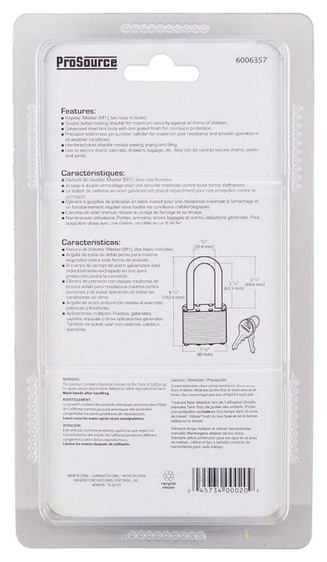 ProSource HD00020L Padlock, Long Shackle, 1/4 in Dia Shackle, 2-3/4 in H Shackle, Steel Shackle, Steel Body