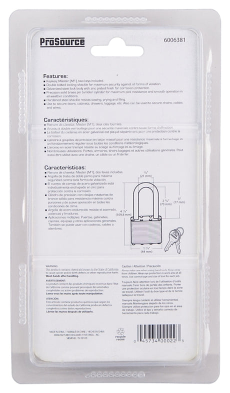 ProSource HD00022L Padlock, Long Shackle, 9/32 in Dia Shackle, 3 in H Shackle, Steel Shackle, Steel Body