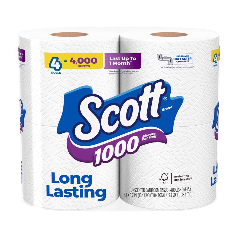 Scott Toilet Paper 4 Rolls 1000 sheet 4 in., Pack of 12