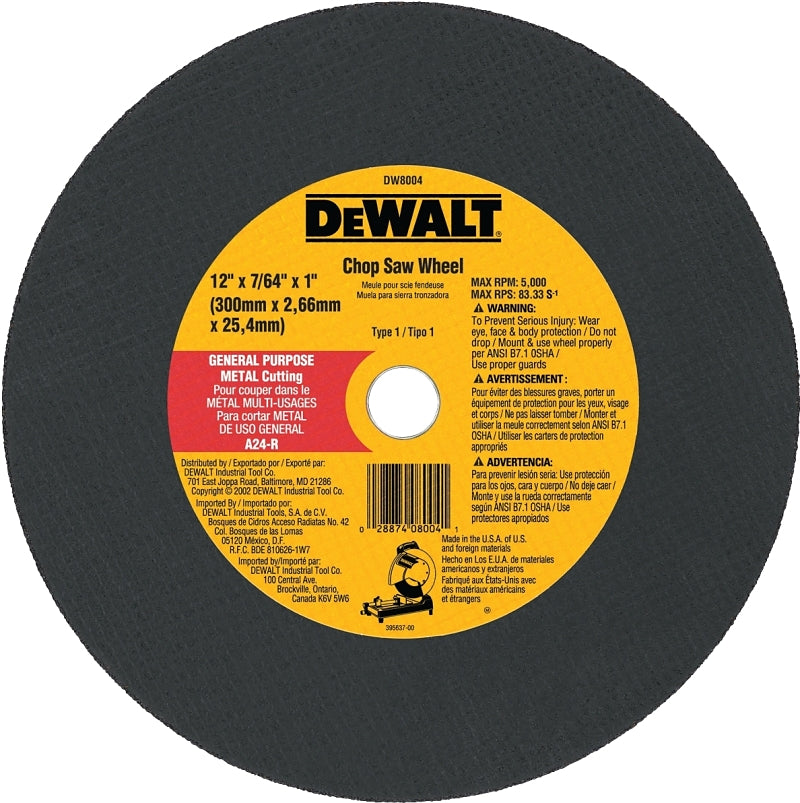 DEWALT DW8004 Cutting Wheel, 12 in Dia, 7/64 in Thick, 1 in Arbor, Coarse, Aluminum Oxide Abrasive