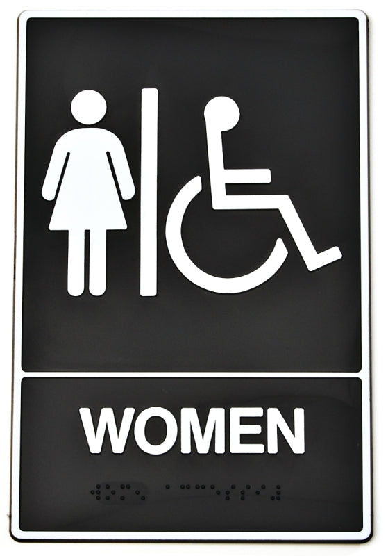 Hy-Ko DB-2 Graphic Sign, Rectangular, WOMEN, White Legend, Black Background, Plastic, 9 in H x 6 in W Dimensions, Pack of 3