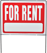 Hy-Ko RSF-603 Real Estate Sign, 24-1/2 x 36-1/2 in Dimensions, Rectangular, FOR RENT, White Legend, Red Background, 5/PK