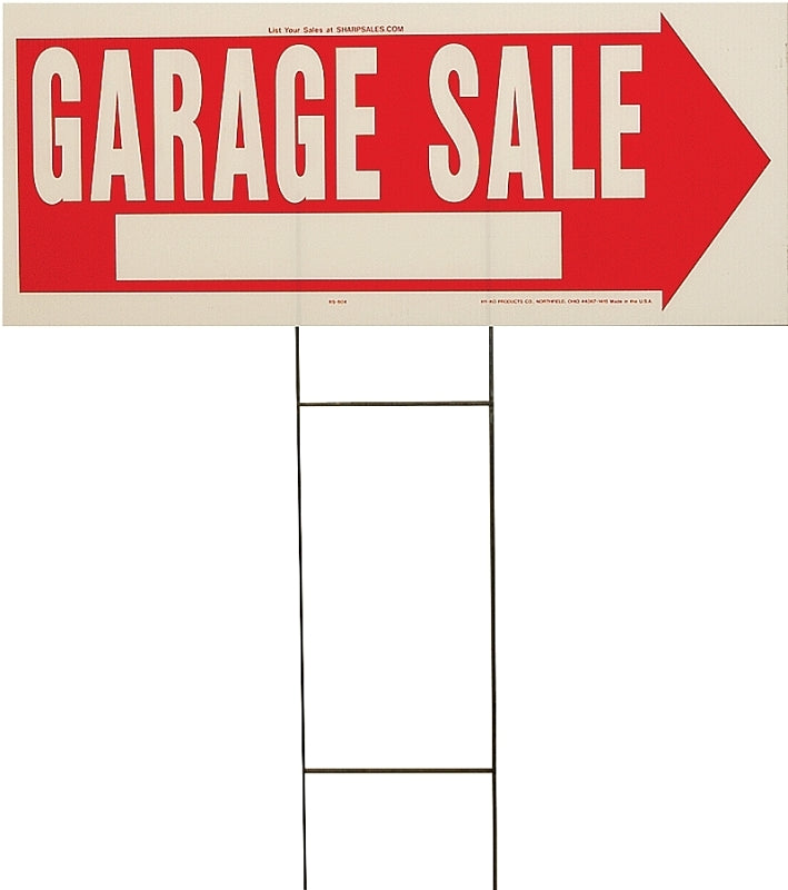 Hy-Ko RS-804 Lawn Sign, Garage Sale, White Legend, Red Background, Plastic, 9-1/2 in H x 24 in W Dimensions, Pack of 5