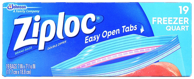 Ziploc 00388 Series Freezer Bag, Zipper Closure, 7 in W, 7-7/16 in L, 1 qt Capacity, 19/PK
