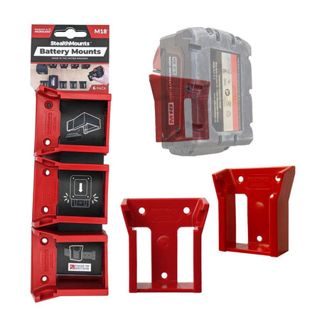 StealthMounts Battery Mounts Compatible with Milwaukee M18; Red ABS Battery Holder 6 pk