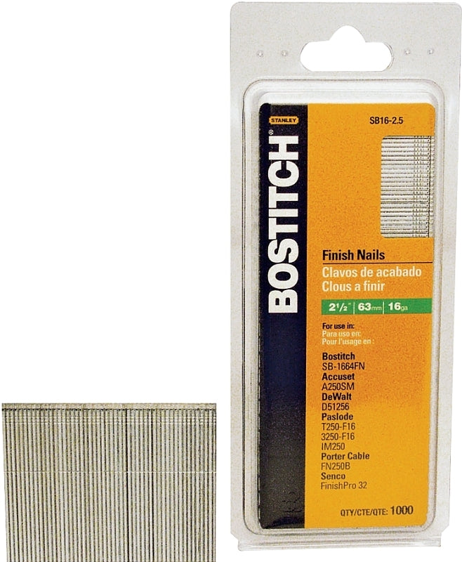 Bostitch SB16-250 Finish Nail, 2-1/2 in L, 16 Gauge, Steel, Coated, Smooth Shank