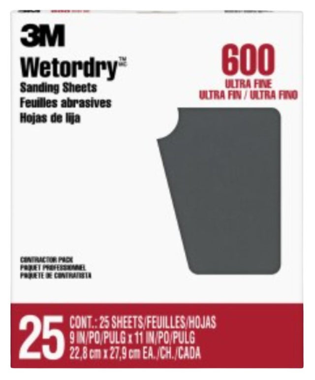 Wetordry 99419NA Sandpaper, 11 in L, 9 in W, Super Fine, 600 Grit, Silicone Carbide Abrasive, Paper Backing