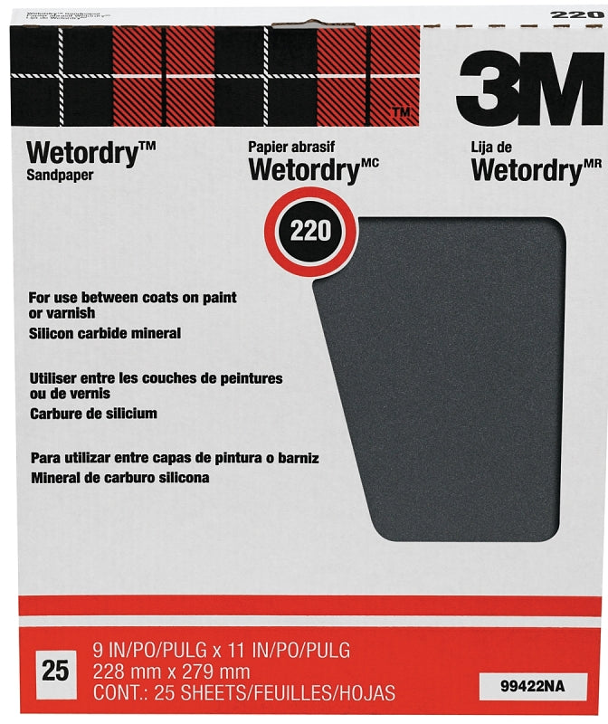 3M Wetordry 99422NA Sandpaper, Black, 11 in L, 9 in W, Very Fine, 220 Grit, Silicon Carbide Abrasive, Paper Backing