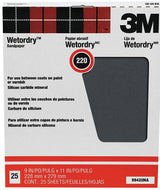 3M Wetordry 99422NA Sandpaper, Black, 11 in L, 9 in W, Very Fine, 220 Grit, Silicon Carbide Abrasive, Paper Backing