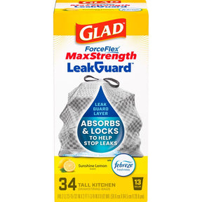 Glad LeakGuard 13 gal Lemon Kitchen Trash Bags Drawstring 34 pk, Pack of 6